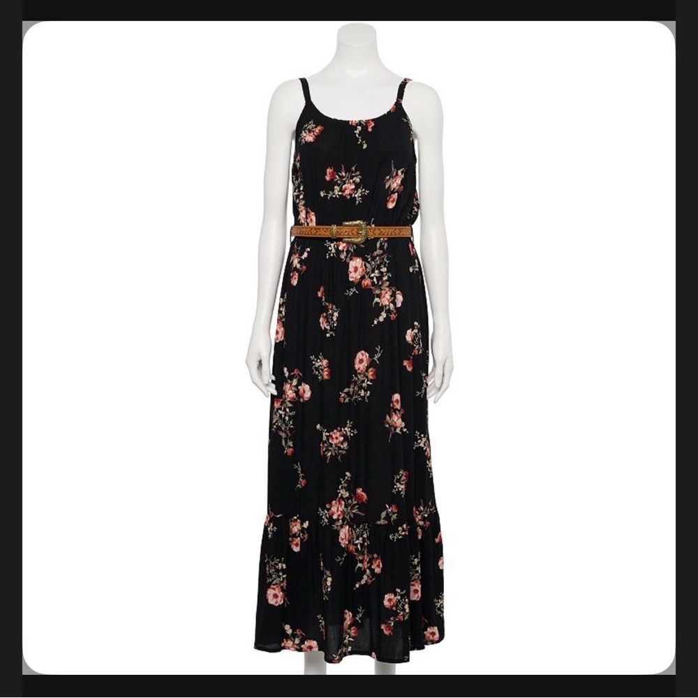 Floral Black Maxi Dress with belt